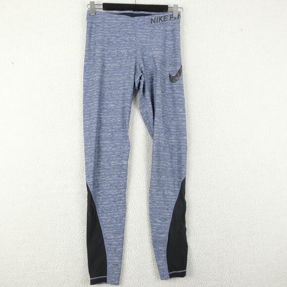 Nike Pro Pants Womens Medium Blue Black Striped COmpression Athletic Peformance - Picture 1 of 10